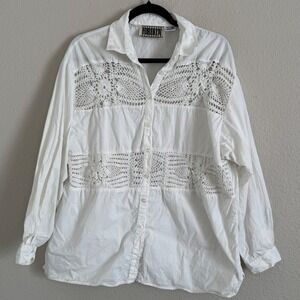 Vintage  Womens Medium White Cotton Boho Cottage Crochet Blouse Poet Prairie